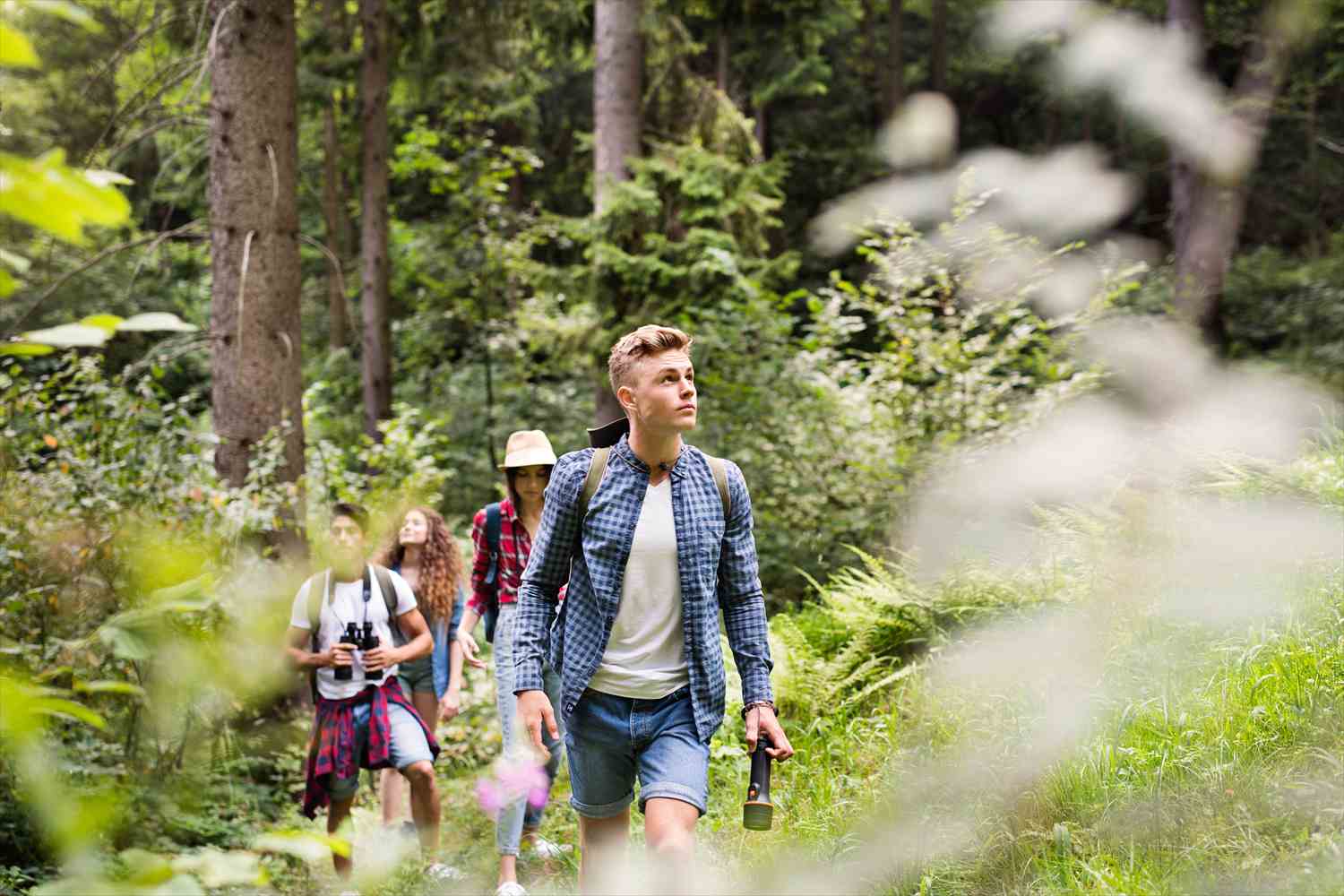 Young people hiking together through a forest
