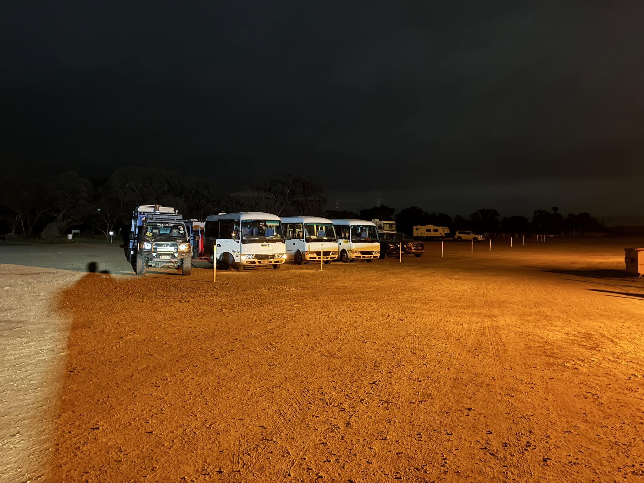 Uluru expedition convoy parked at night in Broken Hill