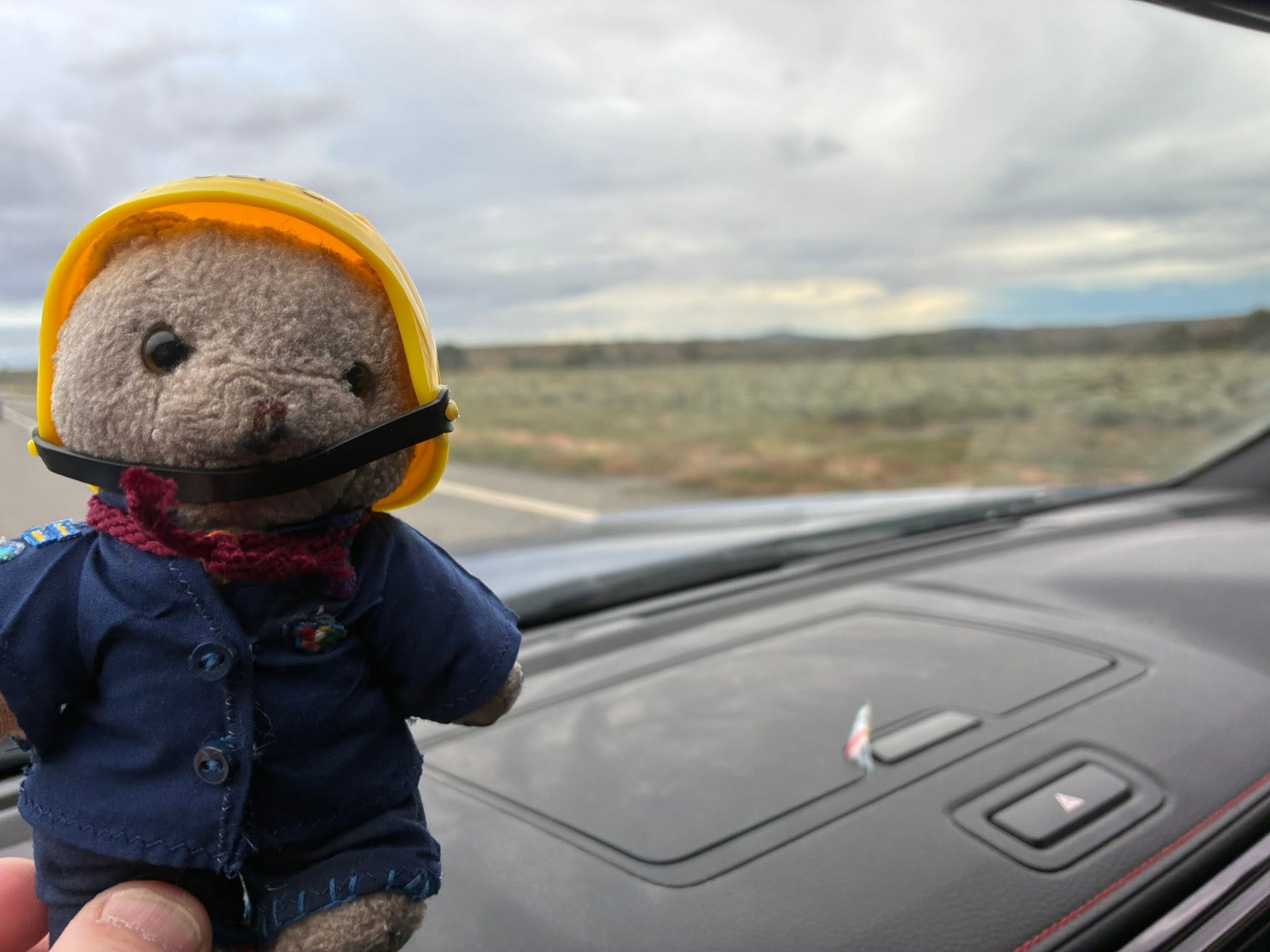 Uluru expedition mascot riding in the vehicle before the Broken Hill mine tour